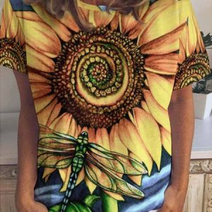 Sunflower And Dragonfly Women's Short Sleeve T-shirt, T-shirts, Lilicloth.com