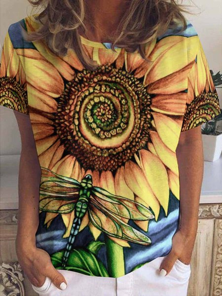 Sunflower And Dragonfly Women's Short Sleeve T-shirt, T-shirts, Lilicloth.com