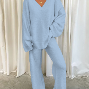 Casual Loose V Neck Household Two Piece Set, Sets, color:Blue|size:3XL, catalog Noracora shop