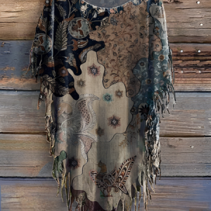 Women's Retro Floral Print Punk Hippie Batwing Tussle Fringes Poncho T-Shirt, T-shirts, Lilicloth.com
