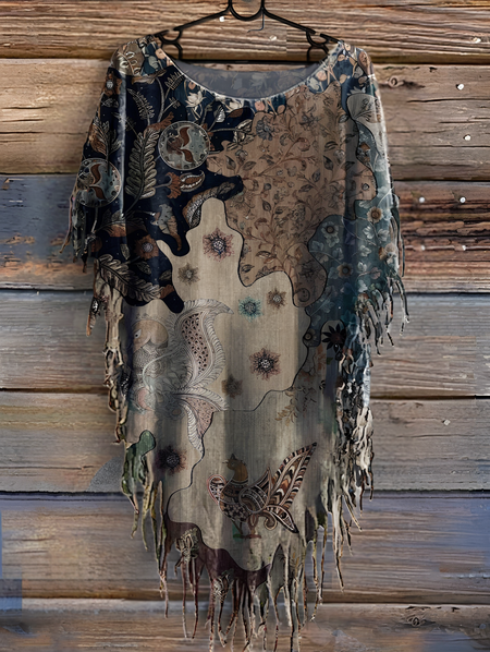 Women's Retro Floral Print Punk Hippie Batwing Tussle Fringes Poncho T-Shirt, T-shirts, Lilicloth.com
