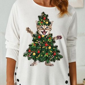 Womens Funny Cat Christmas Tree PrintTops, Long sleeves, Lilicloth.com
