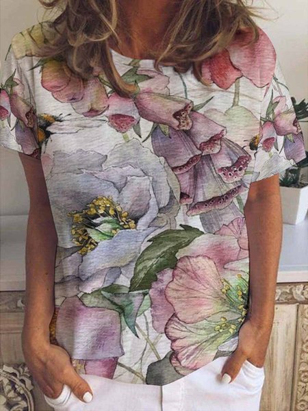 Floral Print Women's Short Sleeve T-Shirt, T-shirts, Lilicloth.com