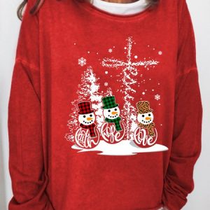 Women's Snowman Christmas Print Crew Neck Sweatshirt, Hoodies&Sweatshirts, Lilicloth.com