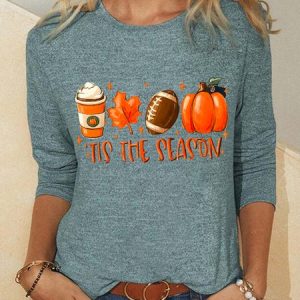 Women Funny It's The Season Pumpkin Halloween Simple Crew Neck Long sleeve Top, Long sleeves, Lilicloth.com