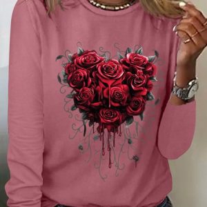 Women's Heart Rose Simple Cotton-Blend Long Sleeve Top, Long sleeves, Lilicloth.com