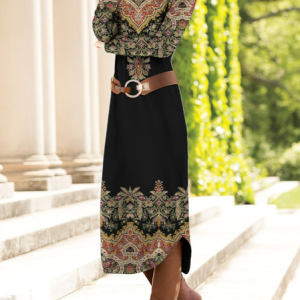 Women Ethnic Crew Neck Long Sleeve Comfy Vintage Maxi Dress, Dresses, color:Black|size:XXL, catalog Noracora shop