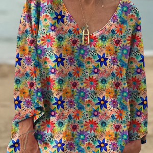 Colorful Hippie Style Floral Pattern Printed Women's Casual V-Neck Long Sleeve Comfortable Cotton T-Shirt, Long sleeves, Lilicloth.com