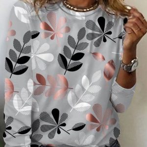 Leaf Print Round Neck Long Sleeve T-shirt, Long sleeves, Lilicloth.com