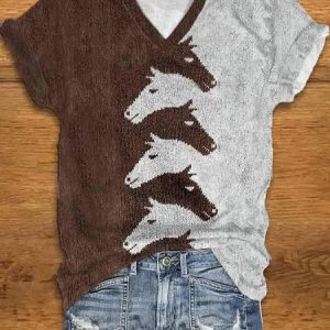 Print Casual V Neck Short Sleeve T-Shirt, T-shirts, Lilicloth.com
