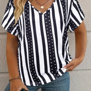Women's Striped Short Sleeve Tee T-shirt V Neck Printing Casual Summer Graphic Tee Top, JustFashionNow T-Shirts, color:Black-white|size:XXL,