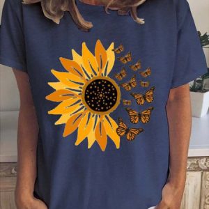 Floral & Butterfly Print Women's Short Sleeve T-Shirt, T-shirts, Lilicloth.com