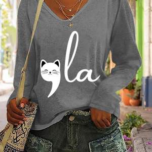 La Cat Vote Women's La Cat Vote Printed Casual V-Neck Long Sleeve Shirt, Long sleeves, Lilicloth.com