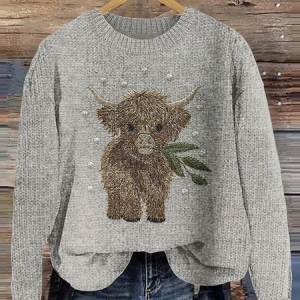 Highland Cow Embroidered Printed Knitted Pullover Sweater, Sweaters, Lilicloth.com