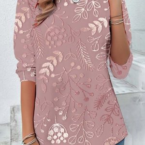 Casual Floral Art Print Crew Neck Long Sleeve T-shirt, Blouses, color:Pink|size:XXL, catalog Noracora shop