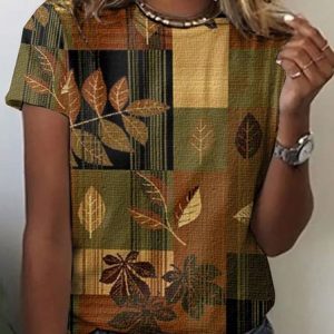 Vintage Floral Art Print Crew Neck Short Sleeve T-shirt, T-shirts, color:Brown|size:4XL, catalog Noracora shop