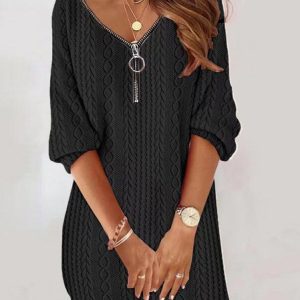 Women Plain Half Open Collar Long Sleeve Comfy Casual Jacquard Mini Dress, Sweashirt Dress, color:Black|size:XXL, catalog Noracora shop