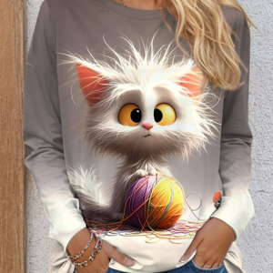 Fun Cat Casual T-Shirt, Long sleeves, Lilicloth.com