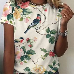 Casual Floral Birds Art Print Crew Neck Short Sleeve T-shirt, T-shirts, color:Apricot|size:4XL, catalog Noracora shop