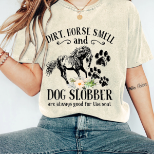 Women's Cute Horse And Dog Flower Dirt Horse Smell Vintage Distressed Shirt, T-shirts, Lilicloth.com