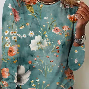 Women's Vintage Art Floral Print Floral T-Shirt, Long sleeves, Lilicloth.com