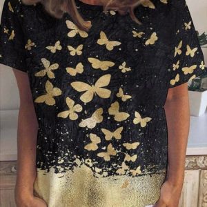 Black And Yellow Butterflies Women's Short Sleeve T-Shirt, T-shirts, Lilicloth.com