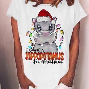 Women's I Was A Hippopotamus For Christmas Funny Graphic Printed Cotton-blend Crew Neck T-shirt, T-shirts, Lilicloth.com