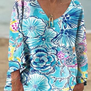 Women's Flowers Print Casual V-neck Long Sleeve Comfortable Cotton T-shirt, Long sleeves, Lilicloth.com