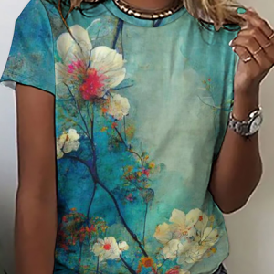 Women's Crew Neck Floral Loose Simple T-Shirt, T-shirts, Lilicloth.com