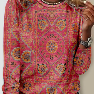 Ethnic Geometry Casual Crew Neck Long Sleeve Shirt, Long sleeves, Lilicloth.com