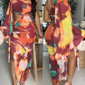 Tie Dye Print One Shoulder Bell Sleeve Bodycon Dress Casual Slim Fit Slit Maxi Dress, women Print Dresses, ChicMe catalog