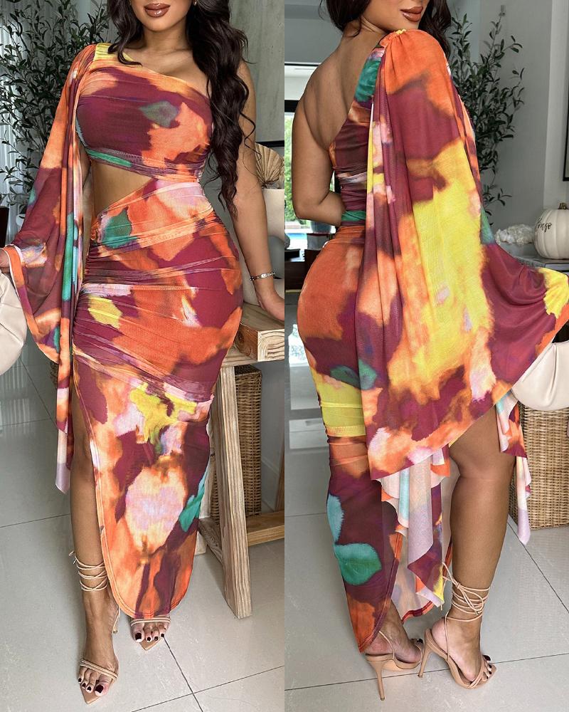 Tie Dye Print One Shoulder Bell Sleeve Bodycon Dress Casual Slim Fit Slit Maxi Dress, women Print Dresses, ChicMe catalog