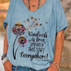 Dandelion Print Long Sleeve V-Neck T-shirt, T-shirts, Lilicloth.com