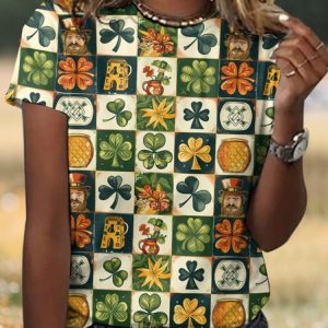 Casual St. Patrick's Day Geometric Crew Neck Short Sleeve T-shirt, T-shirts, color:Khaki|size:4XL, catalog Noracora shop