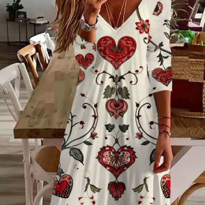 Women's Long Sleeve Spring Love Flower Valentine's Day Print V-Neck Casual Dress, Dresses, Lilicloth.com