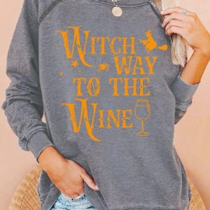 Womens Witch Way To The Wine Casual Helloween Sweatshirt, Hoodies&Sweatshirts, Lilicloth.com