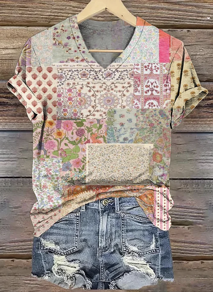 Casual Crew Neck Floral T-Shirt, T-shirts, Lilicloth.com