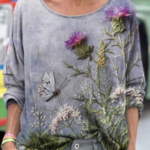 Vintage Floral Print Crew Neck Long Sleeve T-shirt, T-shirts, color:Light Purple|size:5XL, catalog Noracora shop