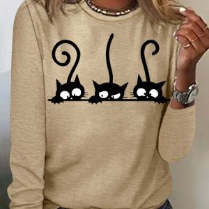 Women's Cat Print Casual Top, Long sleeves, Lilicloth.com