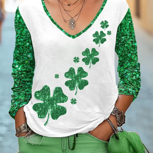 St. Patrick's Day Four-leaf Clover print 100% cotton V-neck long sleeve T-shirt, Long sleeves, Lilicloth.com
