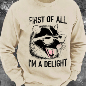 Vintage First Of All I'm A Delight Retro Funny Raccoon Men's Casual Sweatshirt, Hoodies&Sweatshirts, Lilicloth.com