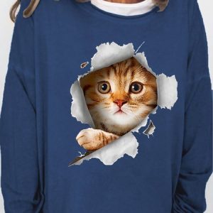 Womens 3D Cat Print Crew Neck Sweatshirt, Hoodies&Sweatshirts, Lilicloth.com