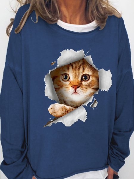Womens 3D Cat Print Crew Neck Sweatshirt, Hoodies&Sweatshirts, Lilicloth.com