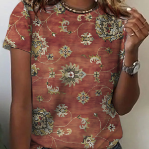 Vintage Ethnic Floral Print Cotton T-Shirt, T-shirts, Lilicloth.com