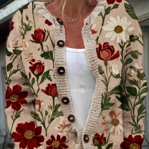 Red floral Casual Crew Neck Knitted Cardigan, Cardigans, Lilicloth.com