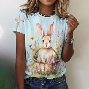 Casual Easter Rabbit Crew Neck Short Sleeve T-shirt, T-shirts, color:Light Blue|size:4XL, catalog Noracora shop