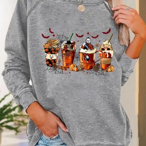 Skeleton Coffee Cups Halloween Casual Sweatshirt, Hoodies&Sweatshirts, Lilicloth.com