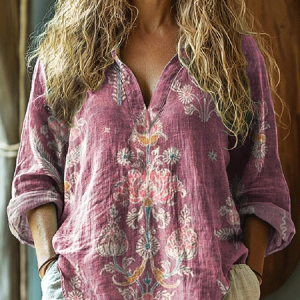 V Neck Long Sleeve Floral Regular Loose Shirt For Women, Shirts, color:Rose Red|size:5XL, catalog Noracora shop