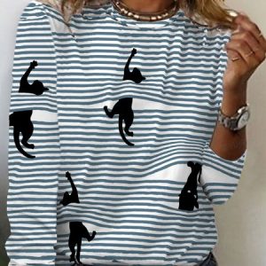 Striped Cat Print Long Sleeve Crew Neck T-shirt, Long sleeves, Lilicloth.com