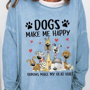 Women's Funny Word Dog Make Me Happy Crew Neck Simple Sweatshirt, Hoodies&Sweatshirts, Lilicloth.com